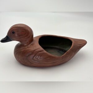 Vintage Brown and Green Ceramic Duck Planter